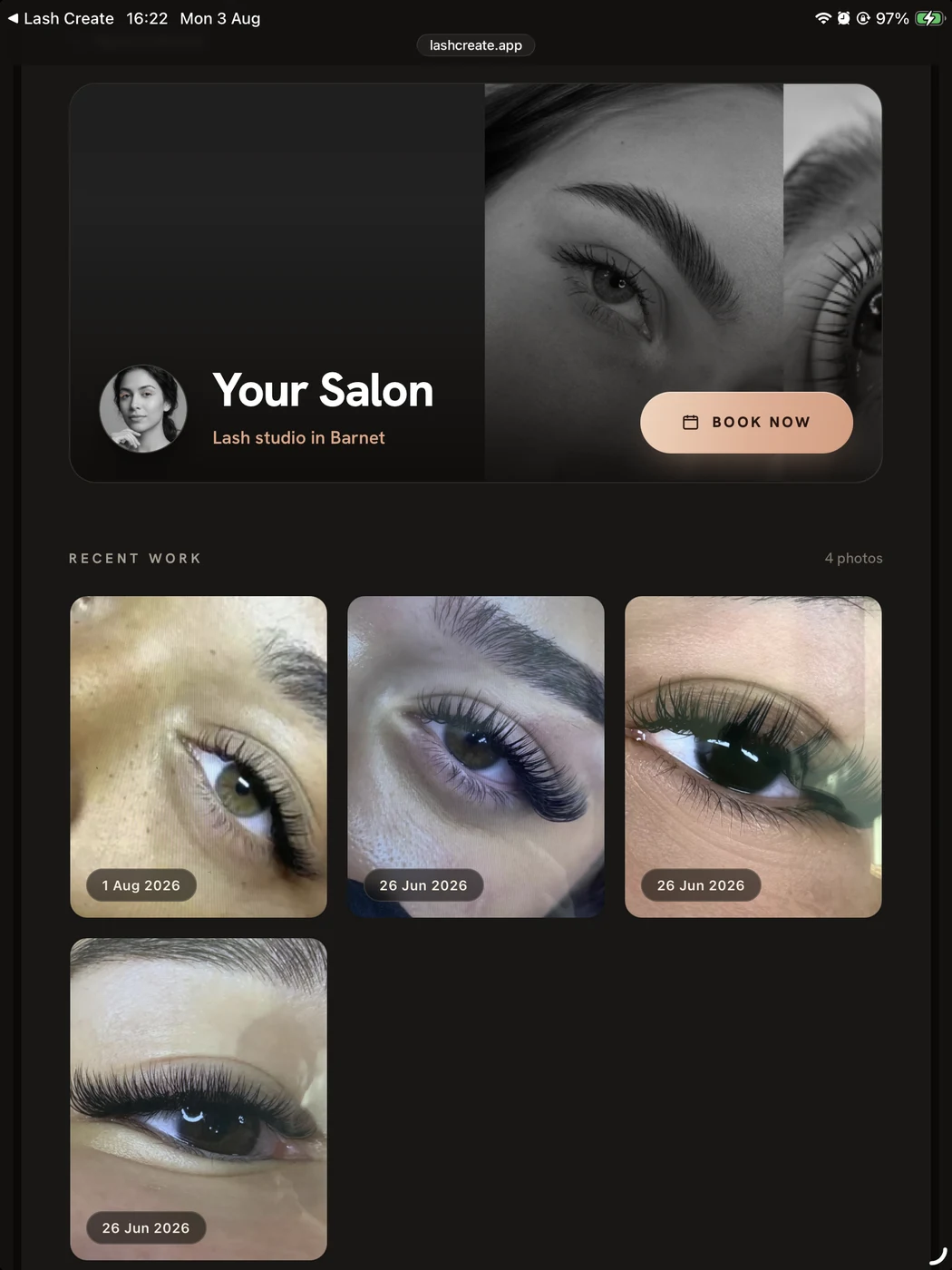 A lash salon's directory listing on iPad with recent work and a book now button