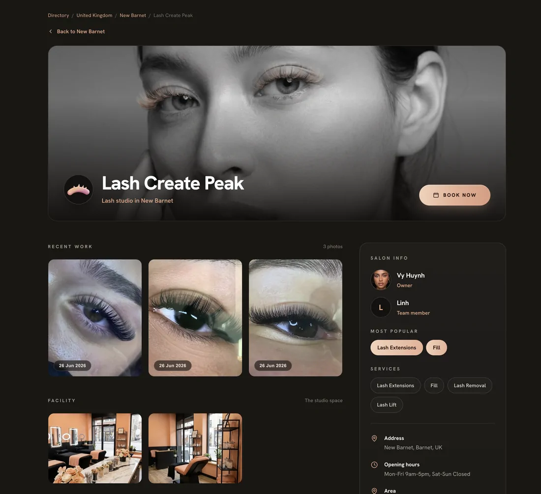 A lash artist's listing in the Lash Create directory, with their recent work, services and a book now button