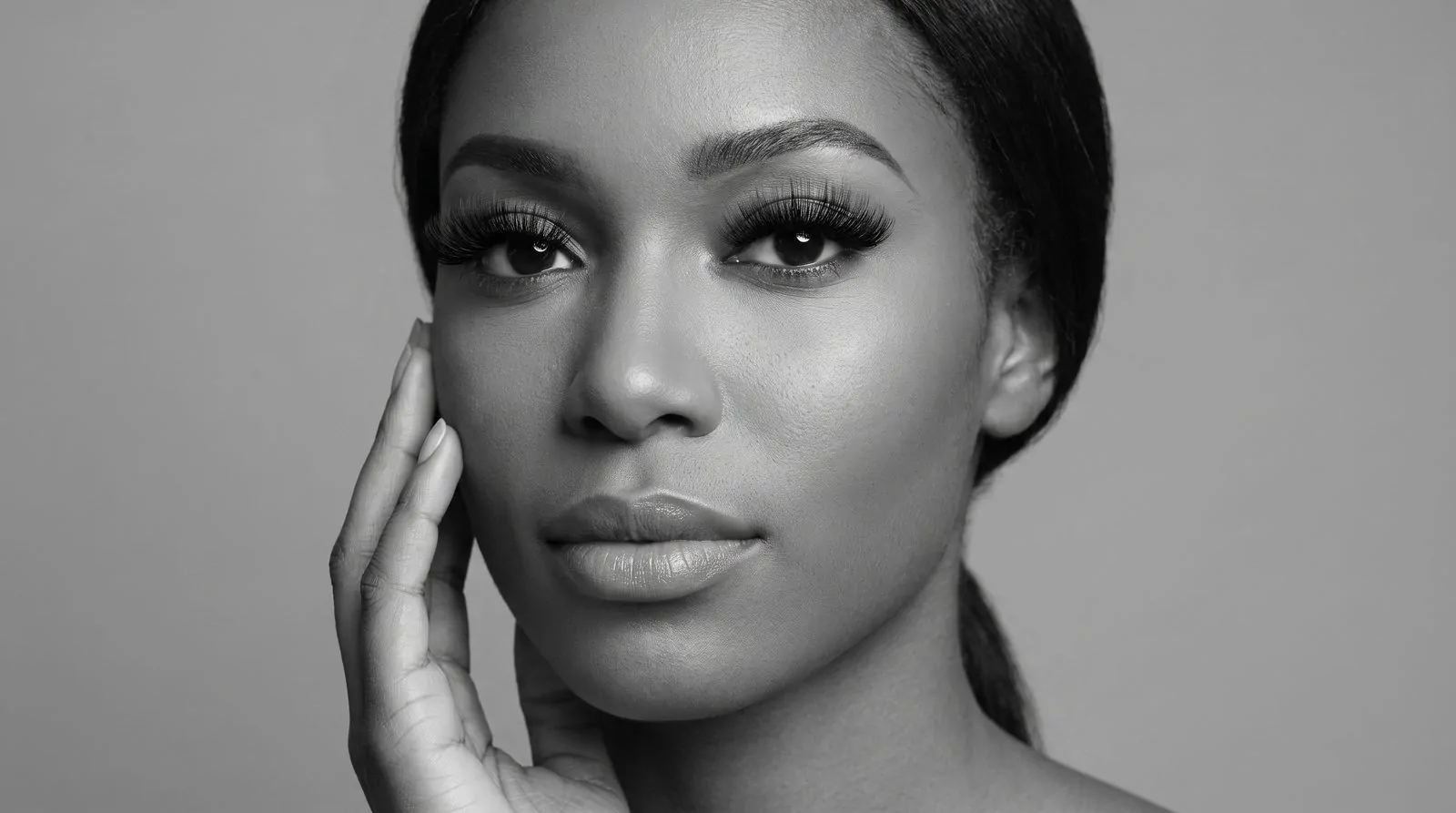 Black and white portrait showing eyelash mapping styles