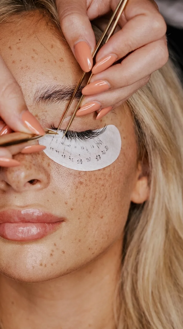 A lash artist mapping a set on a client wearing an under-eye pad with the lash map printed on it