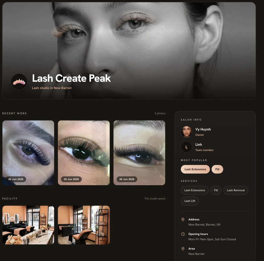 A lash artist's public online booking page on their own Lash Create link, showing recent work, services, team and opening hours