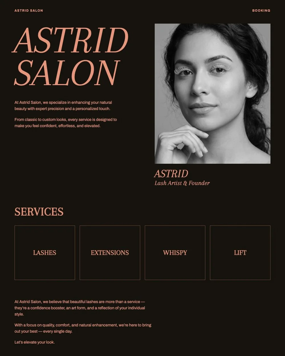 Luxury lash salon website template, dark with rose gold serif