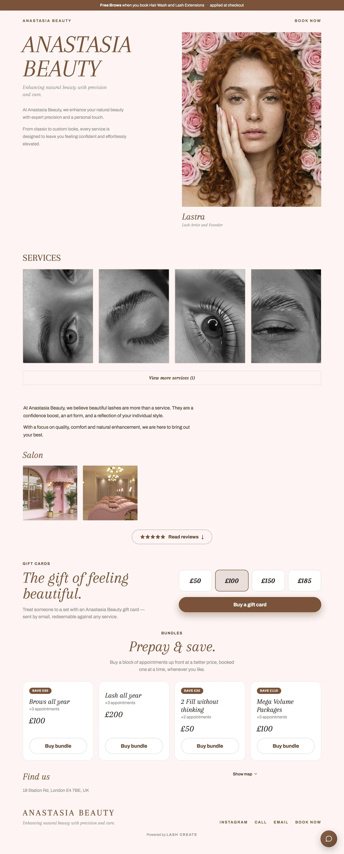 The Luxury template, a lash salon booking site in blush and warm brown with a classic serif