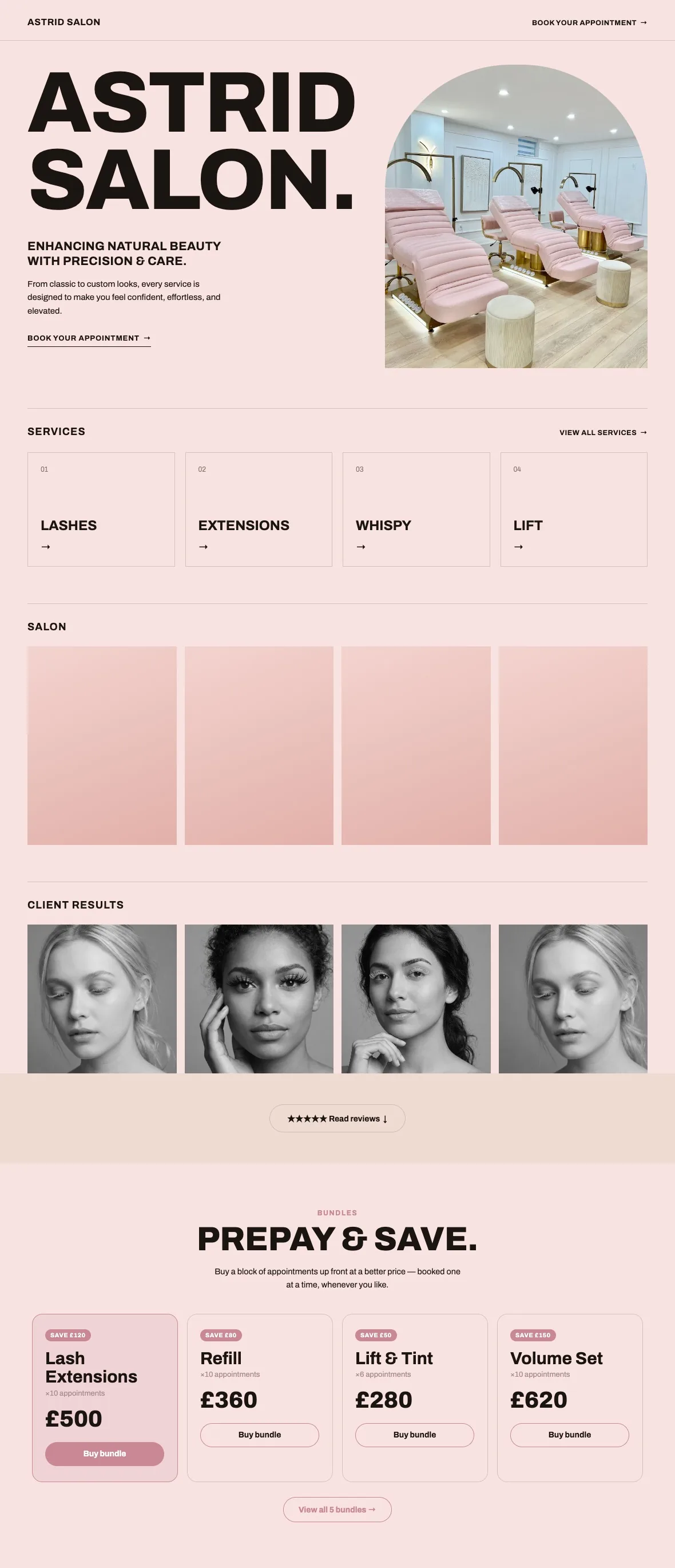 Modern blush lash salon website template, bold and clean
