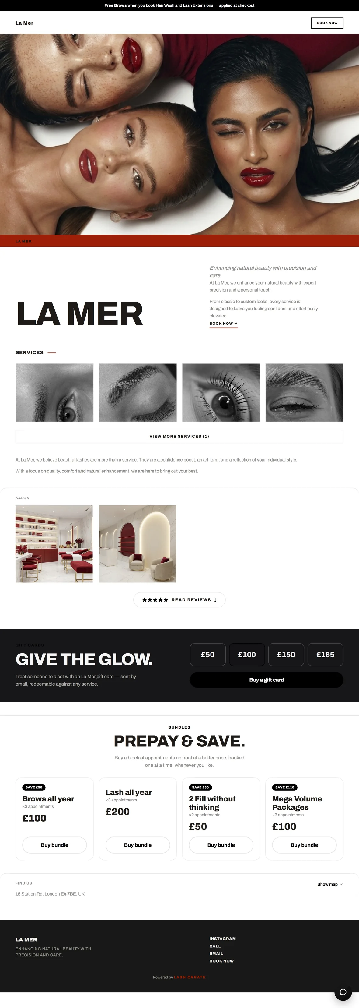 The Cool Fashion template, a lash salon booking site in crisp white with a bold red accent