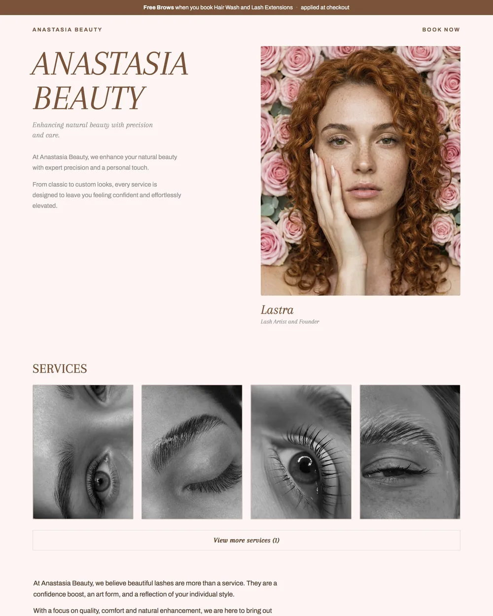 Blush and warm brown lash salon booking site with a classic serif