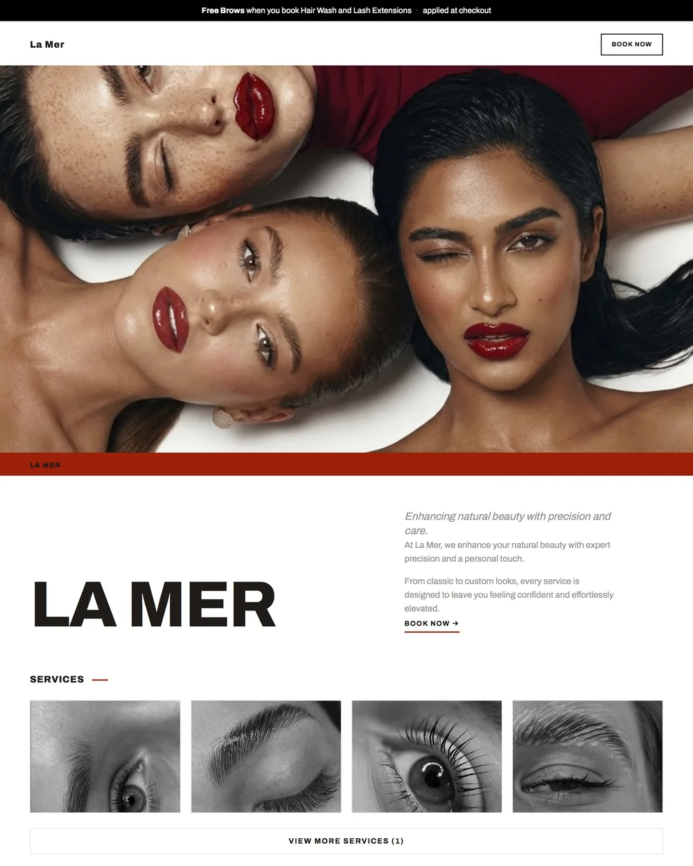 Crisp white lash salon booking site with a bold red accent