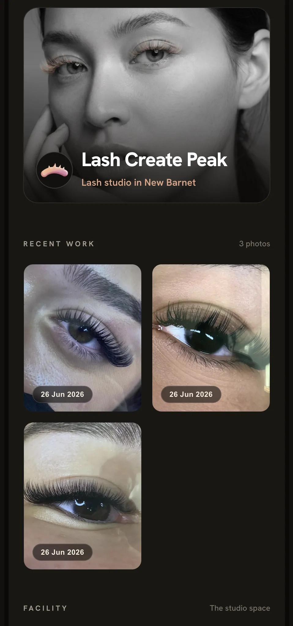A lash artist's public online booking page shown on iPhone in the Lash Create Directory