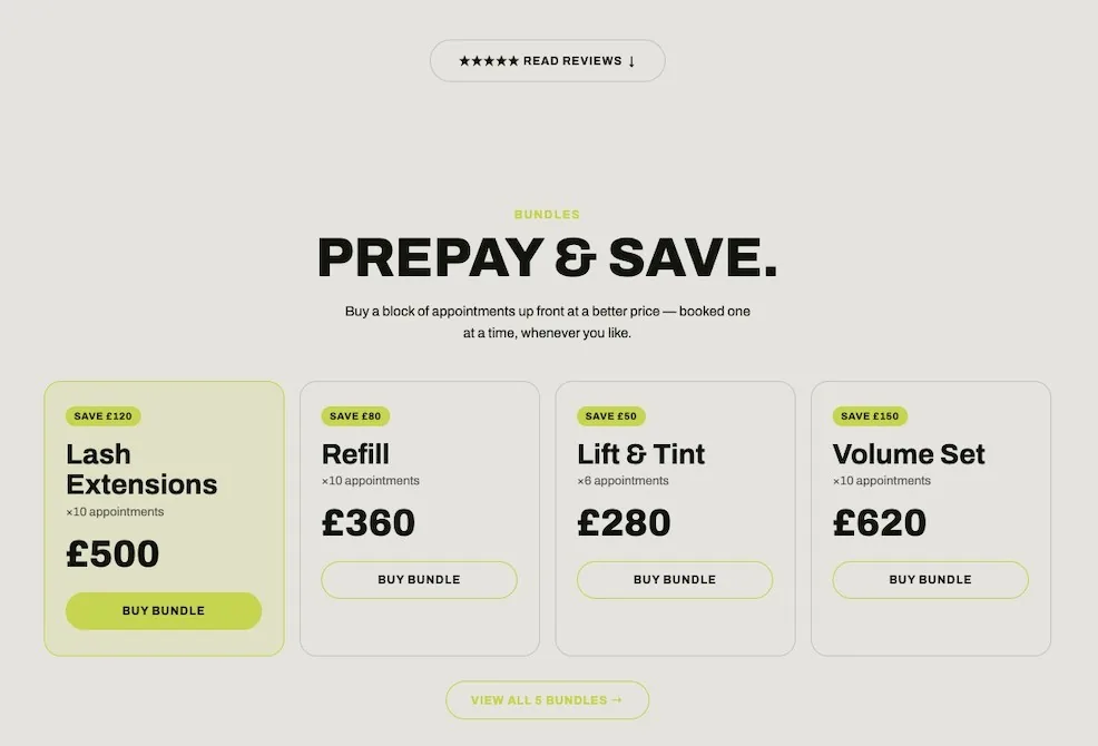 A client choosing and buying a prepaid lash bundle on the salon booking site