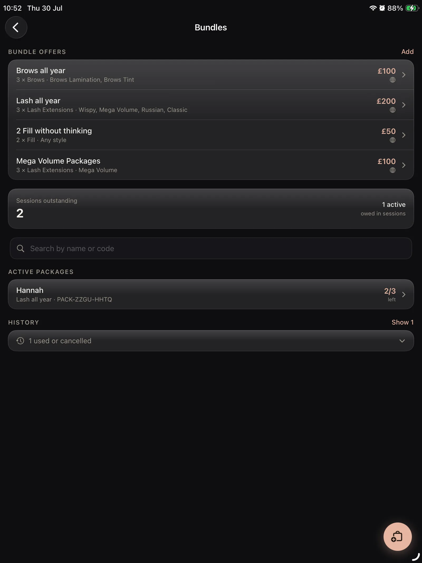 Prepaid lash bundles and packages on iPad in Lash Create