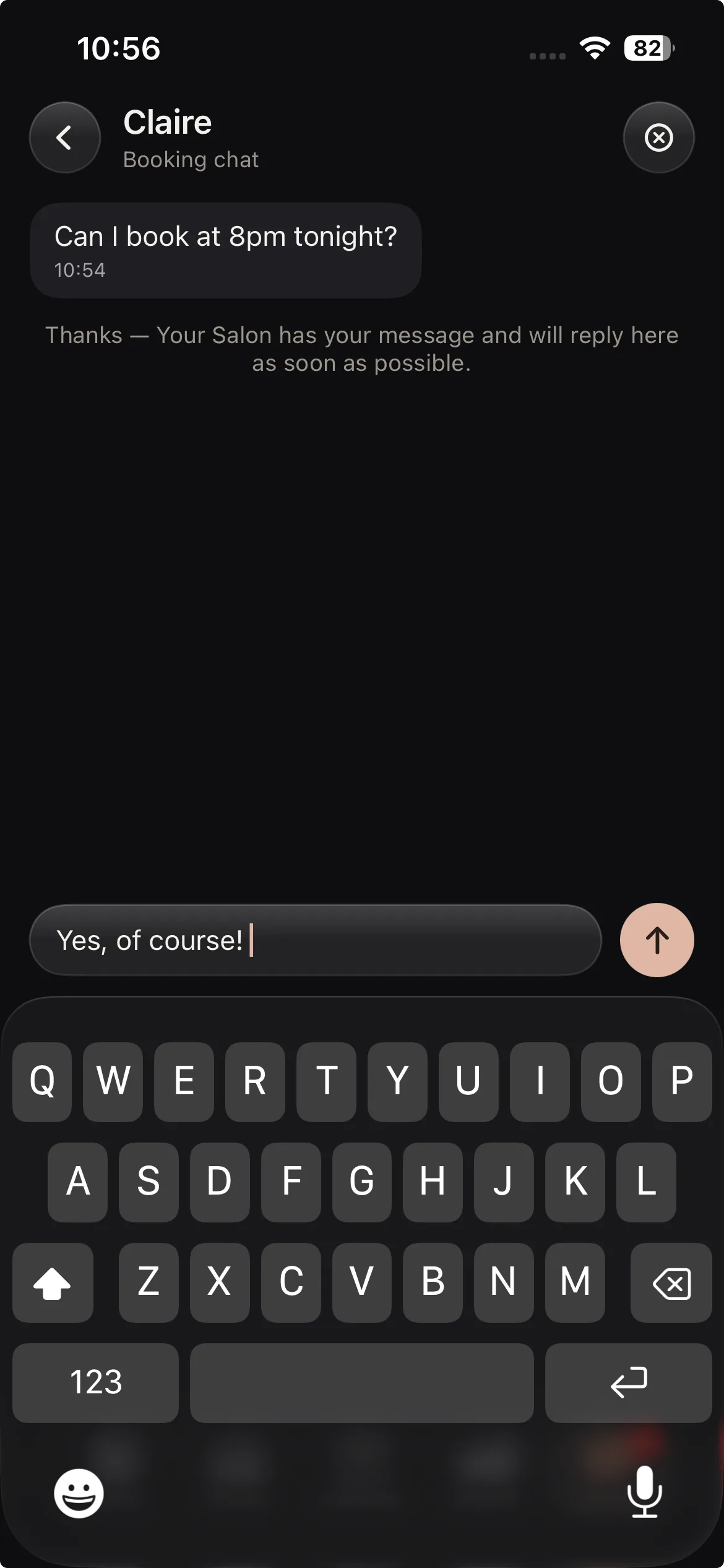 A one to one chat with a lash client in the Lash Create app