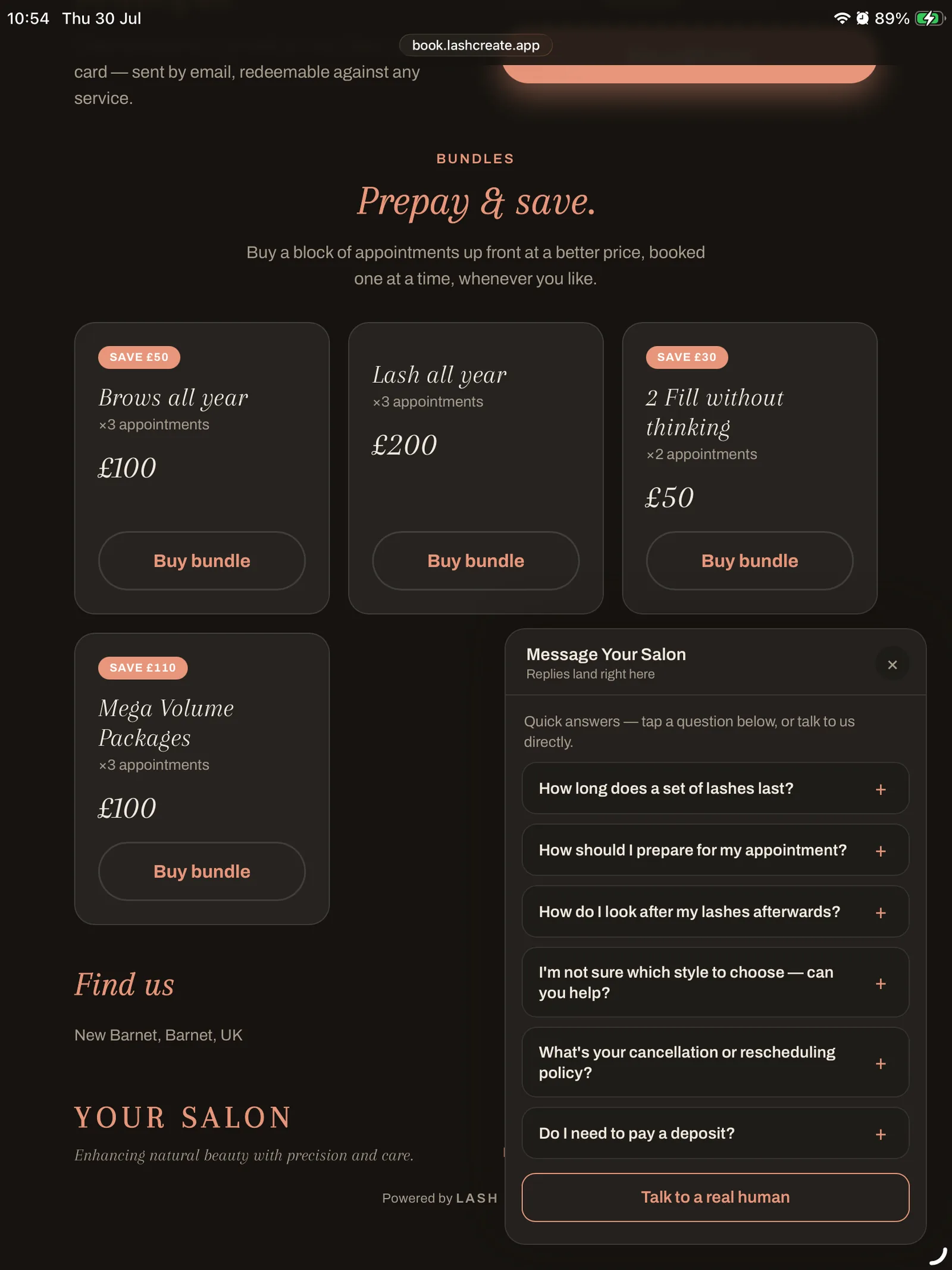 A chat widget on a lash salon booking website