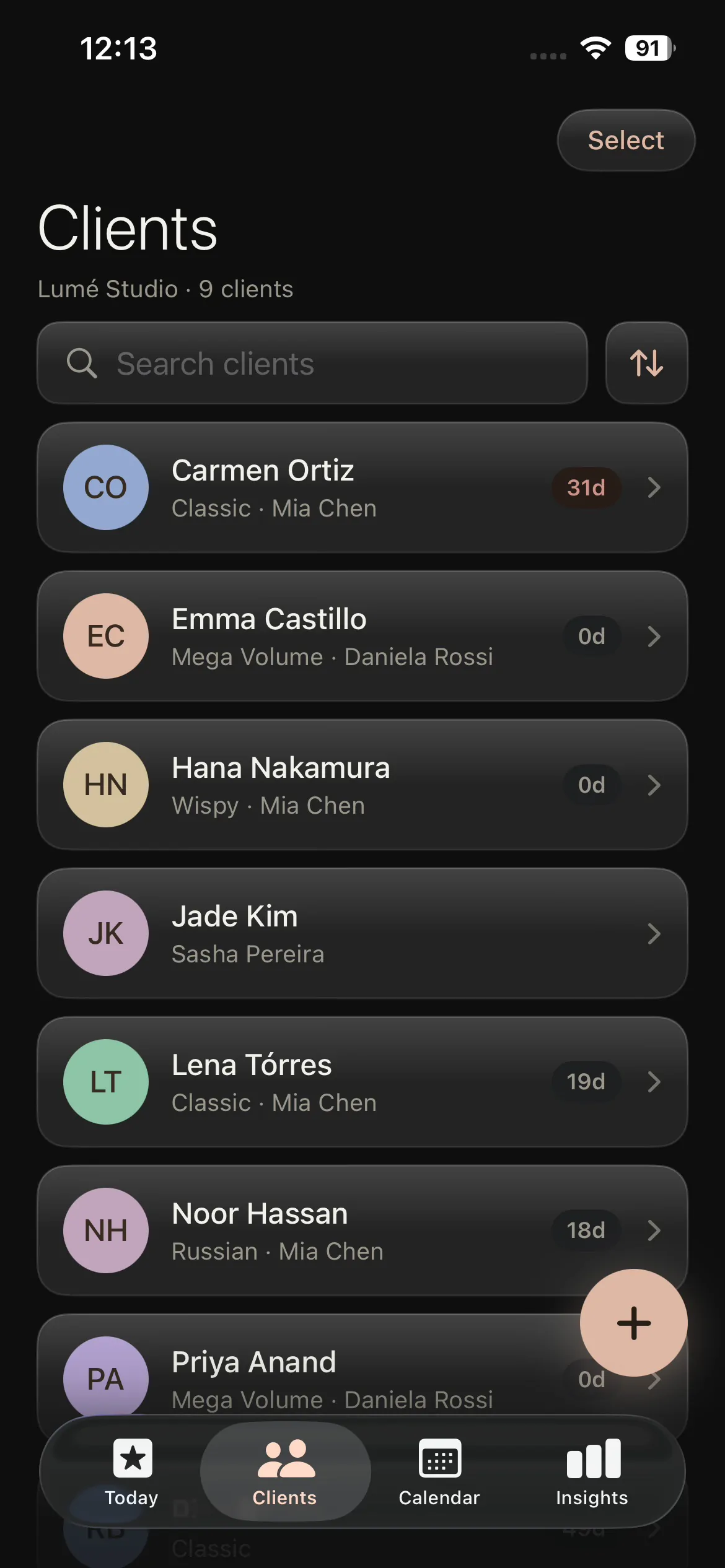 Client retention view showing who is coming back in Lash Create