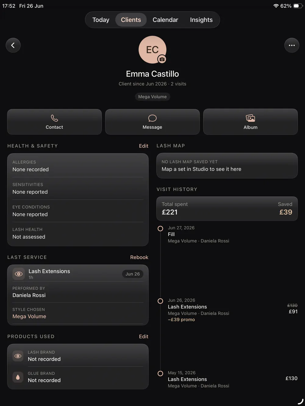 A lash client record showing past designs, result photos and a smart rebook reminder