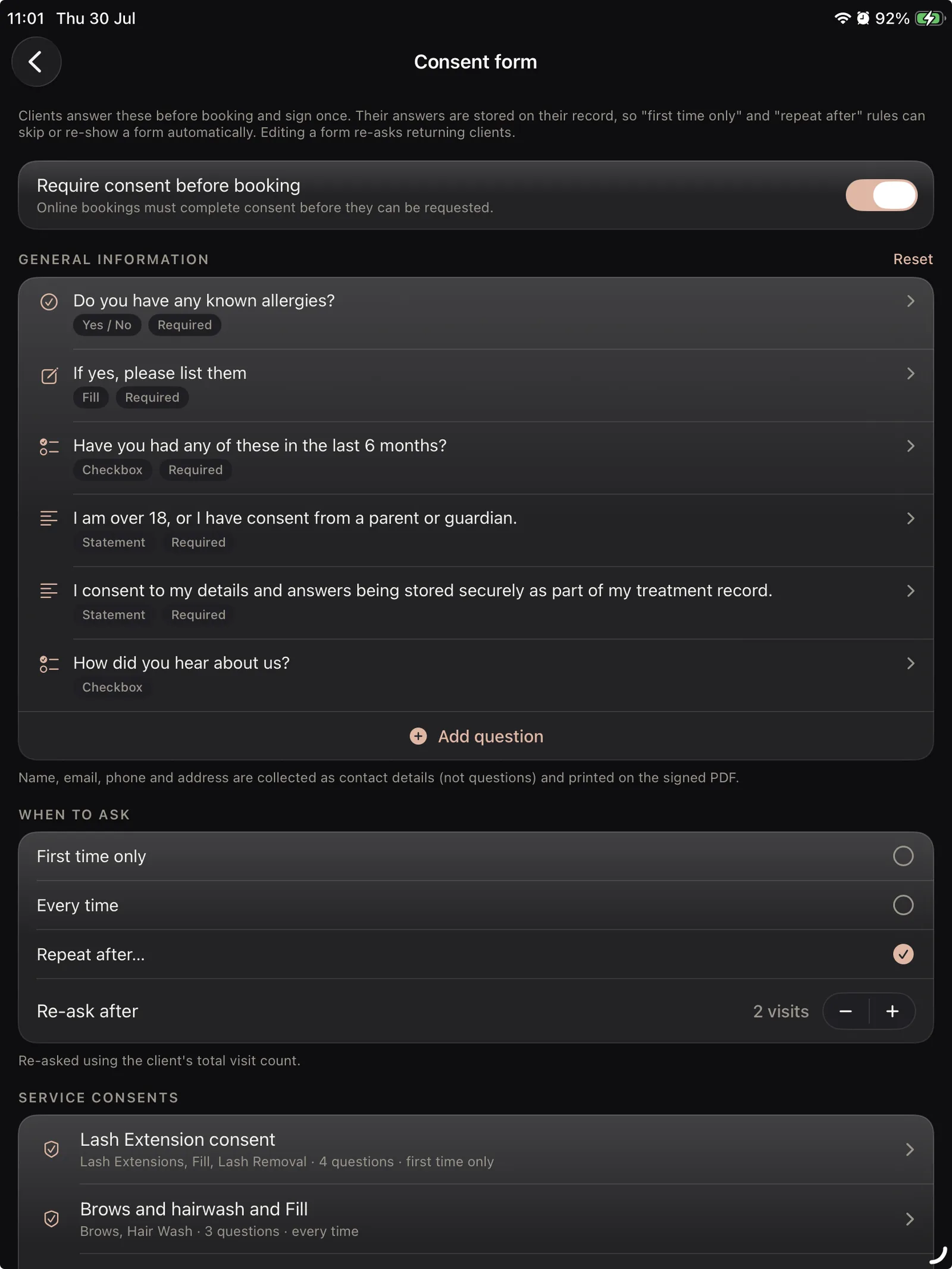 A digital lash consent form being signed on iPad in Lash Create