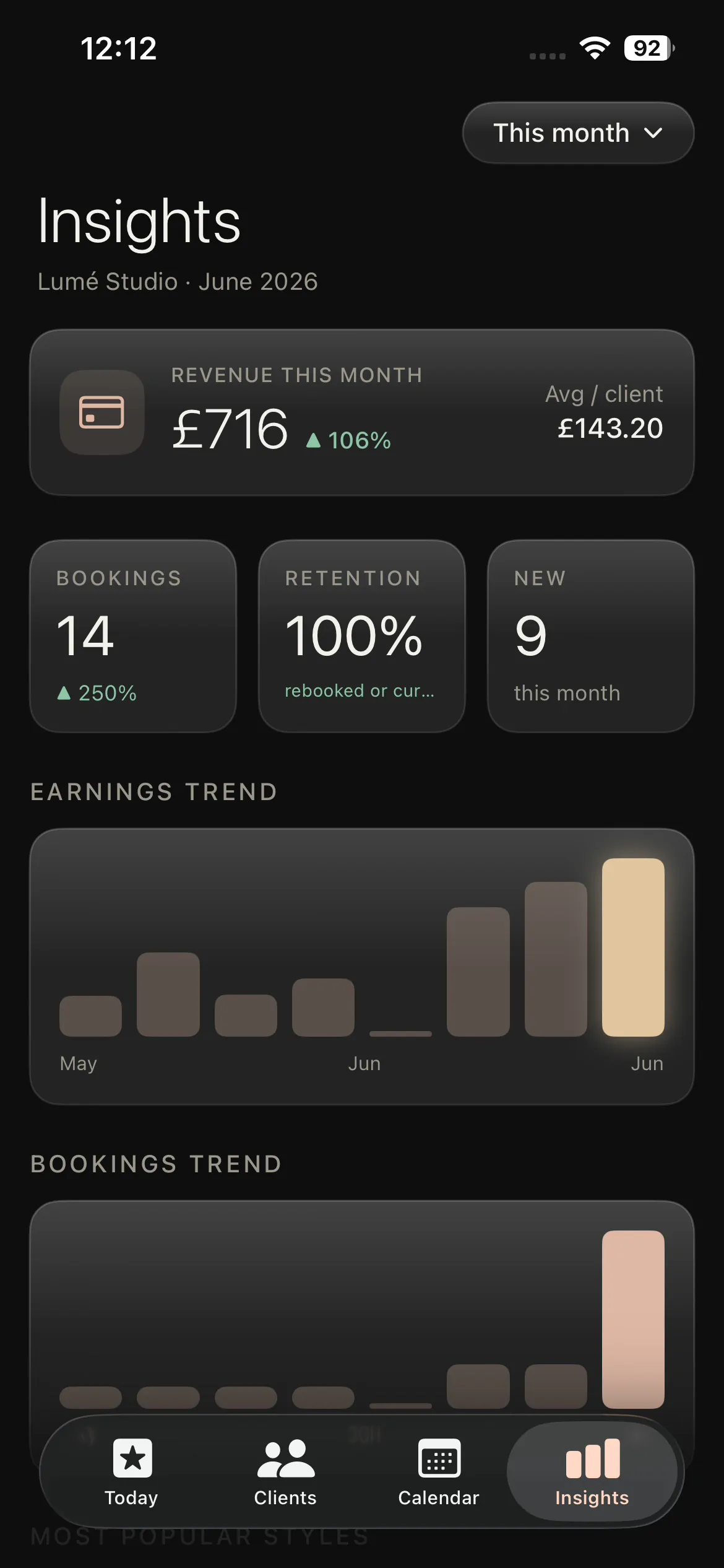 Earnings over time chart in the Lash Create insights