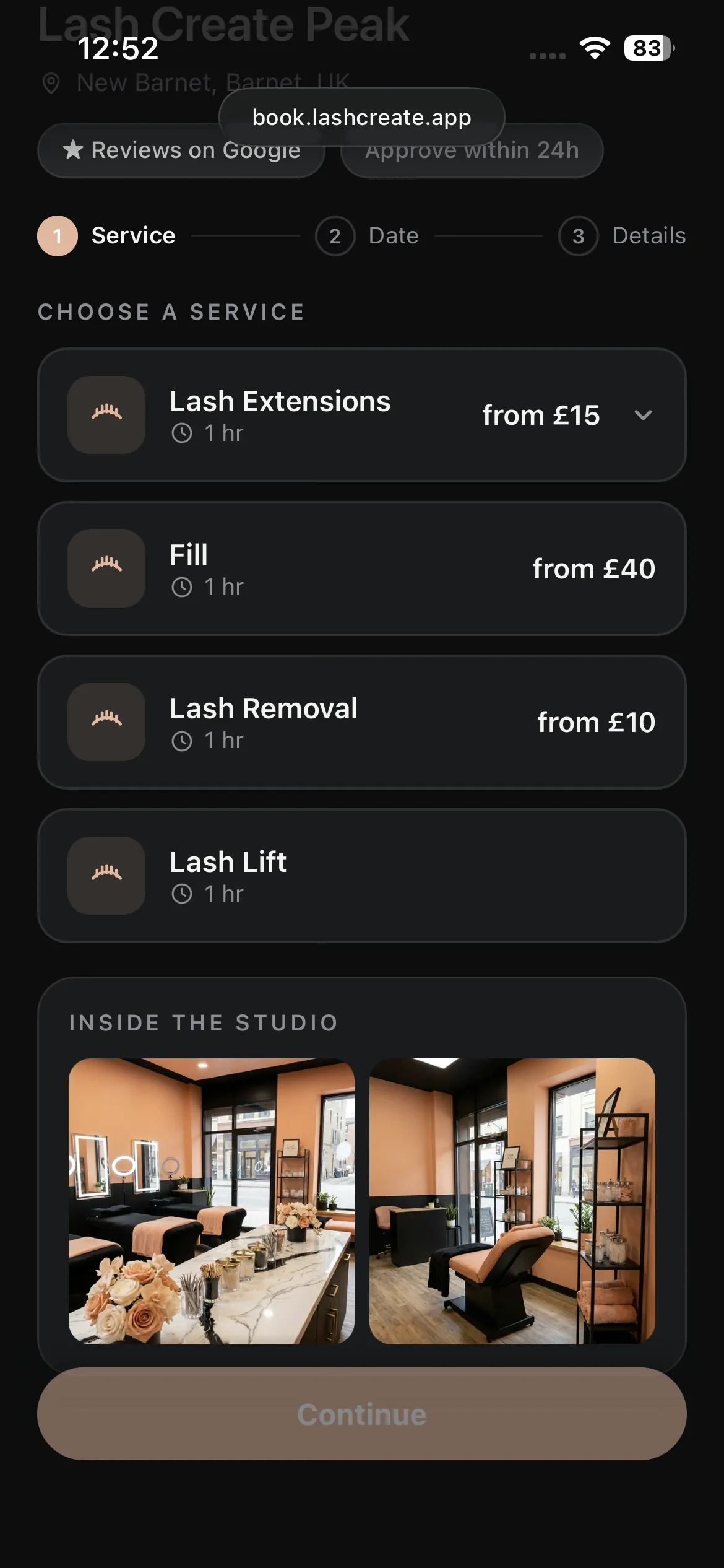 A new client booking online from a lash artist's Lash Create page