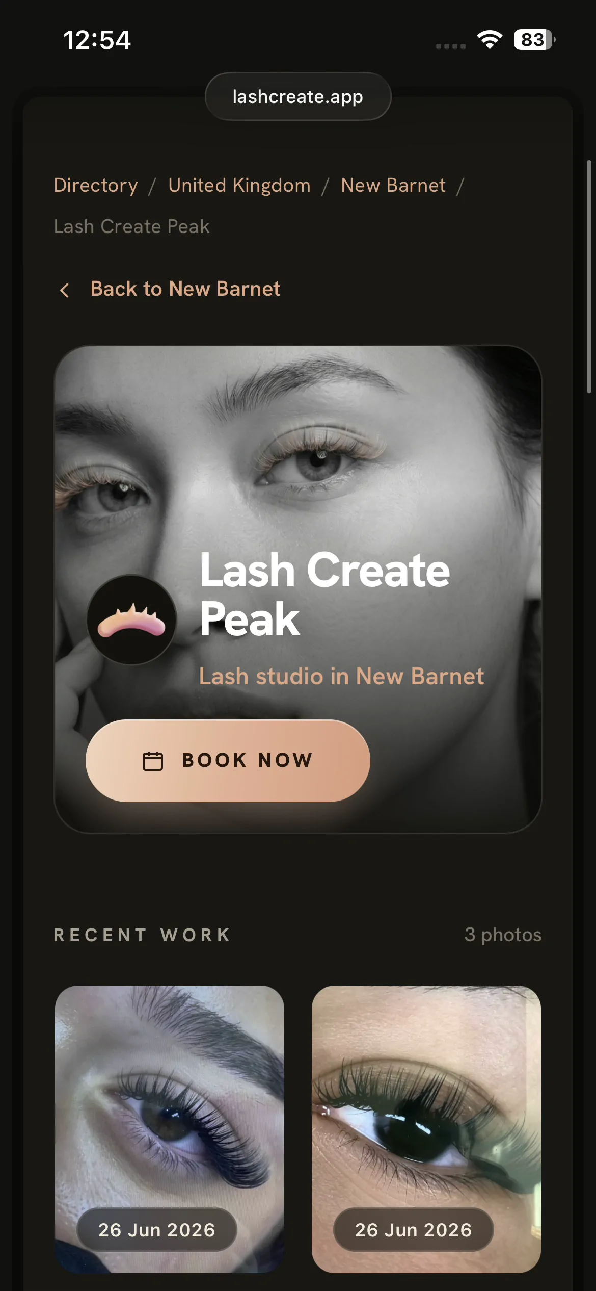 A lash artist listing shown to new clients searching the Lash Create directory