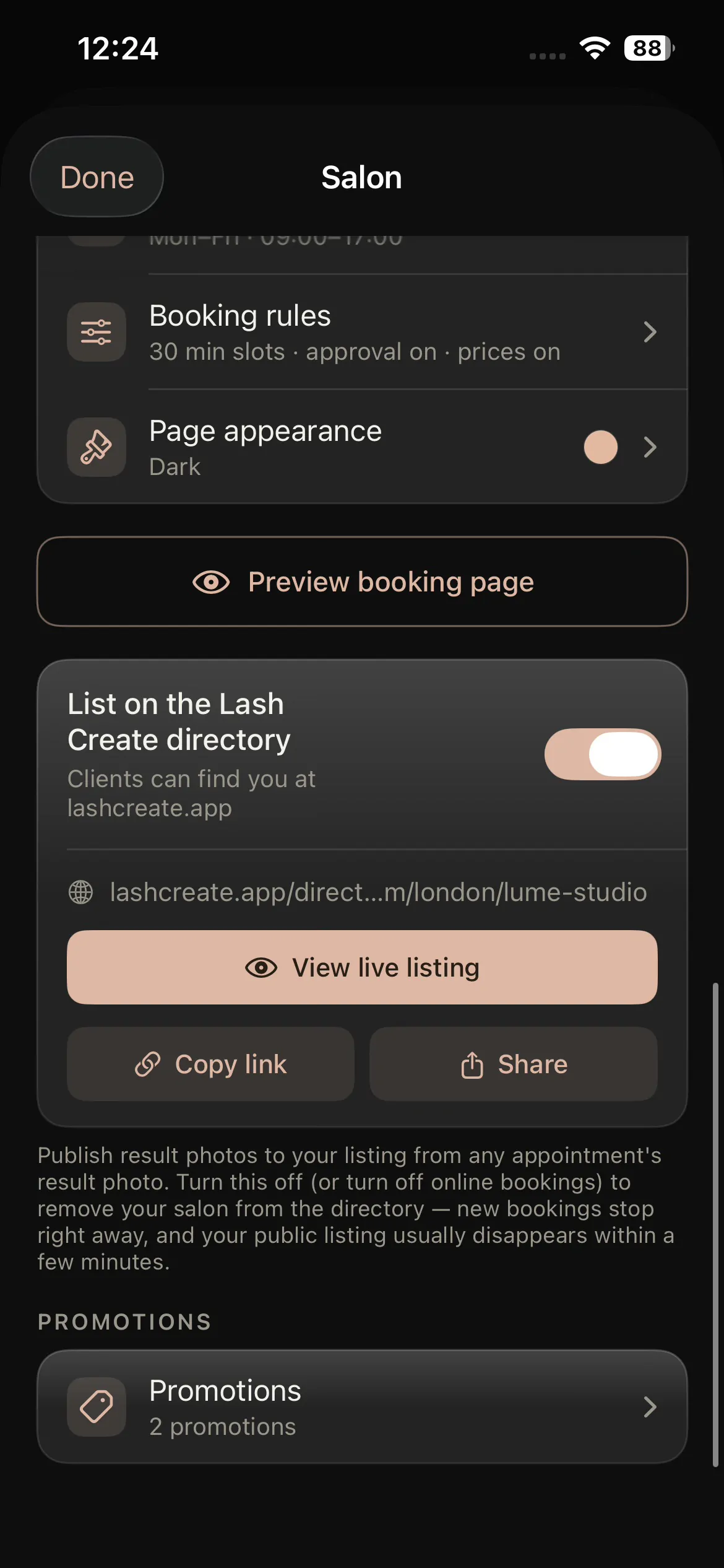 Turning on a free lash artist directory listing in Lash Create