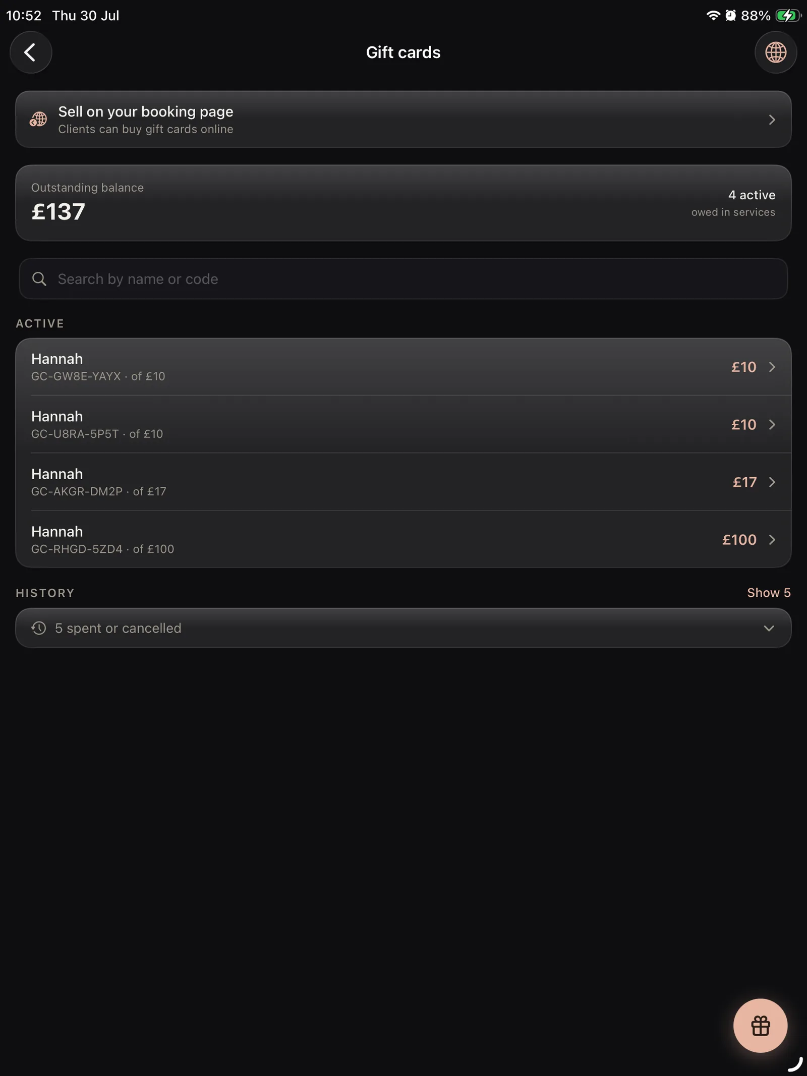 Selling and managing branded gift cards on iPad in Lash Create