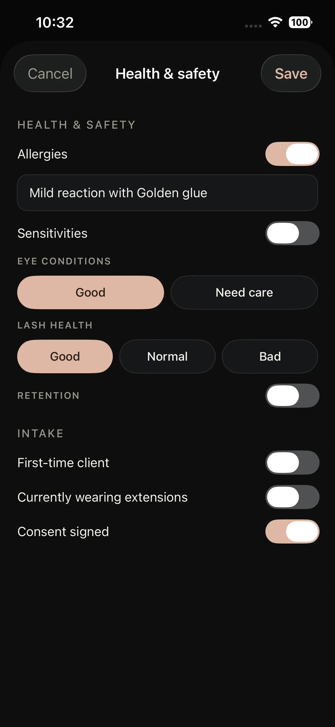 Patch tests, allergies and lash health notes on a client record in Lash Create
