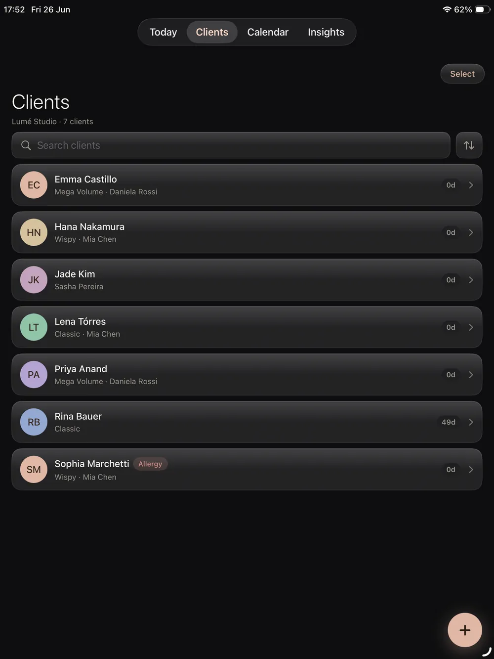 Lash salon client list on iPad shared across the whole team