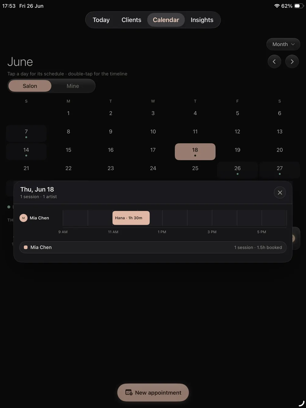 Lash booking and calendar software on iPad showing a daily timeline