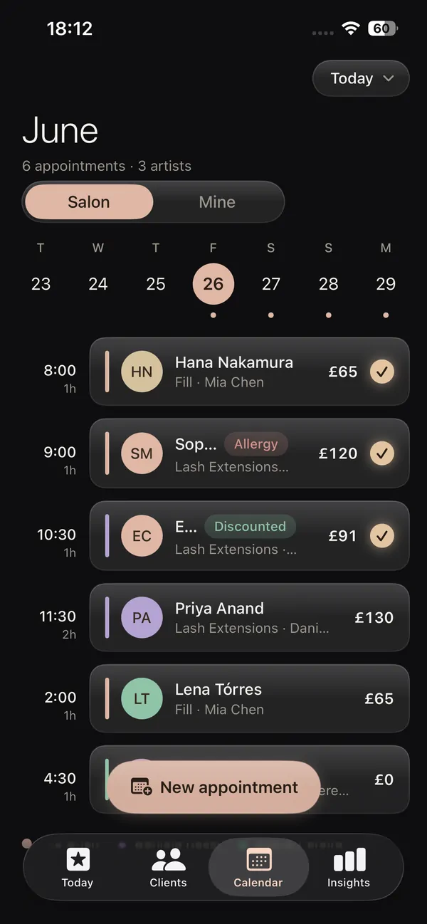 A new online booking landing in the solo lash artist's day on iPhone