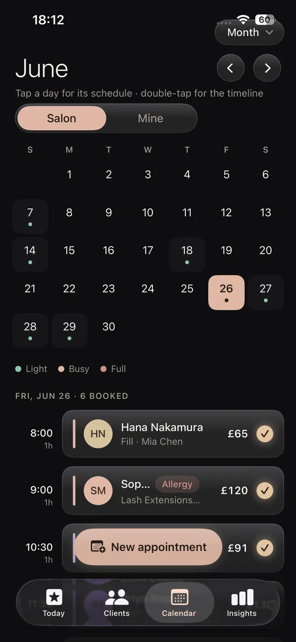 Lash software calendar on iPhone showing a full week of lash appointments