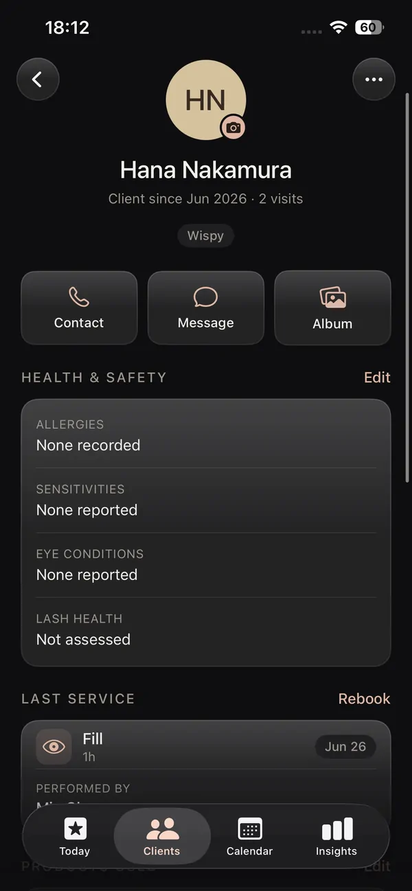 Lash client CRM record on iPhone with saved lash map, photos and history
