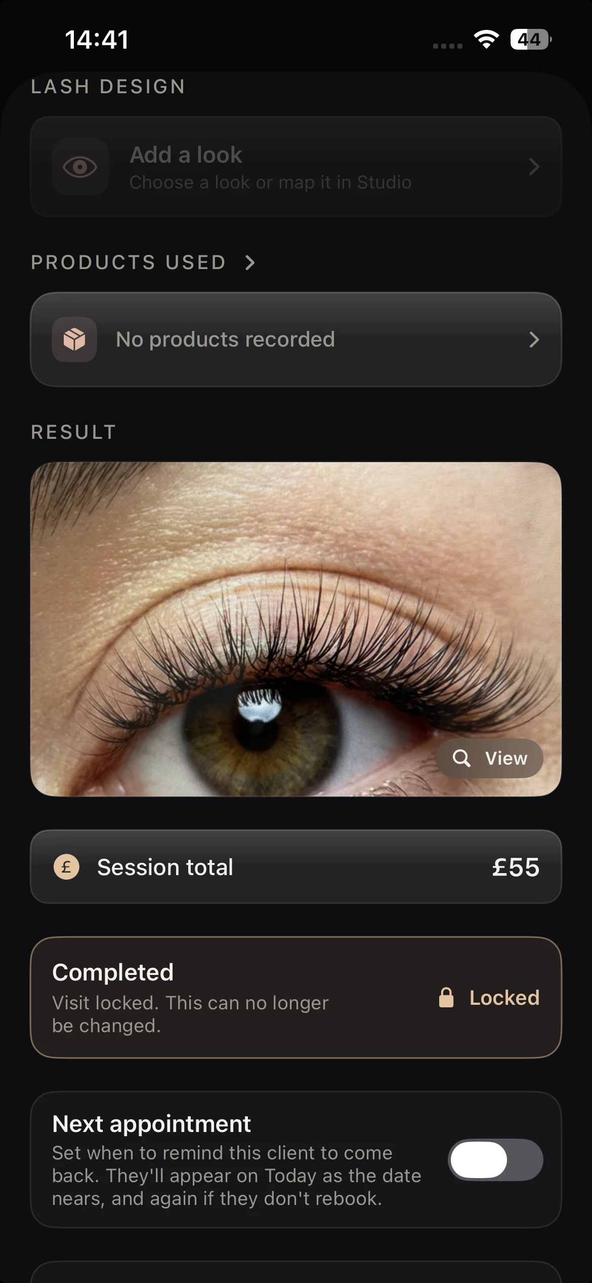 A completed lash appointment on iPhone with the design, result and session total logged