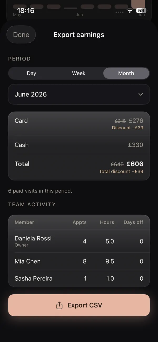 Lash payment and earnings on iPhone, tracked by card, cash or transfer