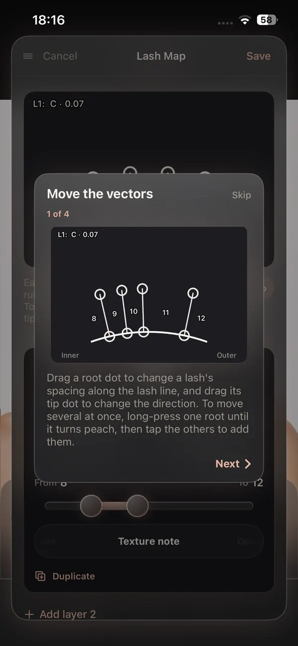 The lash mapping screen in Lash Create showing a mapping style on a client's eyes