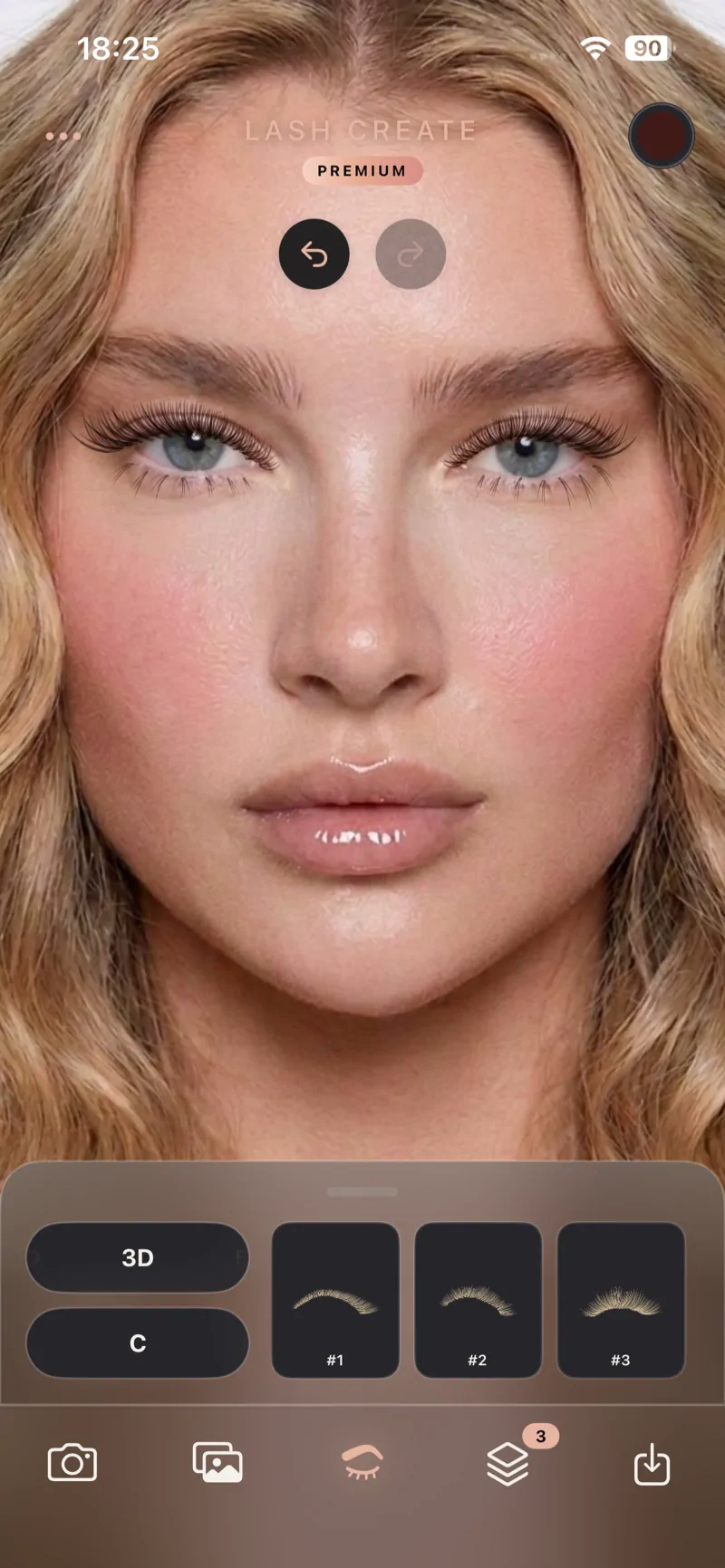 The lash try on screen in Lash Create showing extensions on a model's own eyes