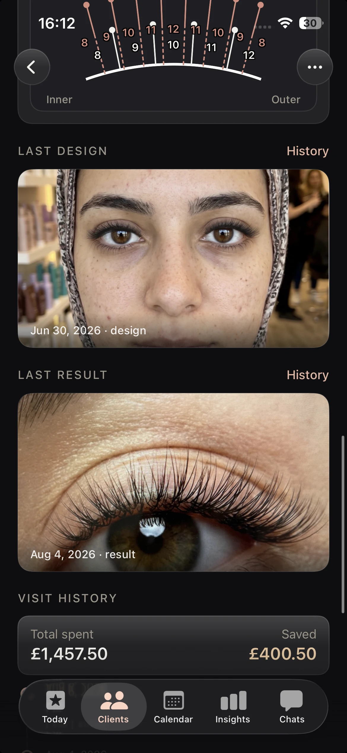 A lash client's saved designs and result photos building the portfolio behind a directory listing