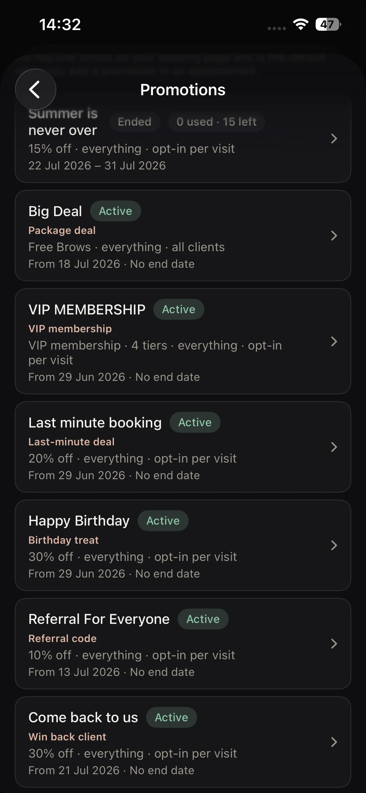 The Promotions screen in the Lash Create app listing active lash promotions and promo codes