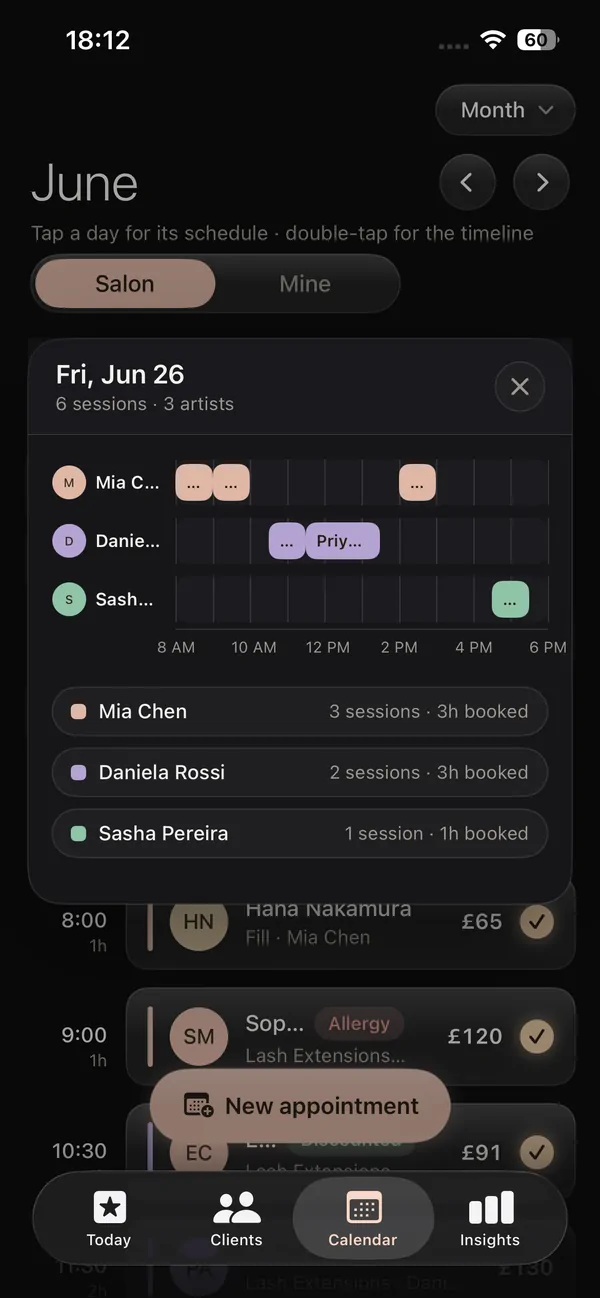 Lash client visit timeline on iPhone with the design, recipe and result logged