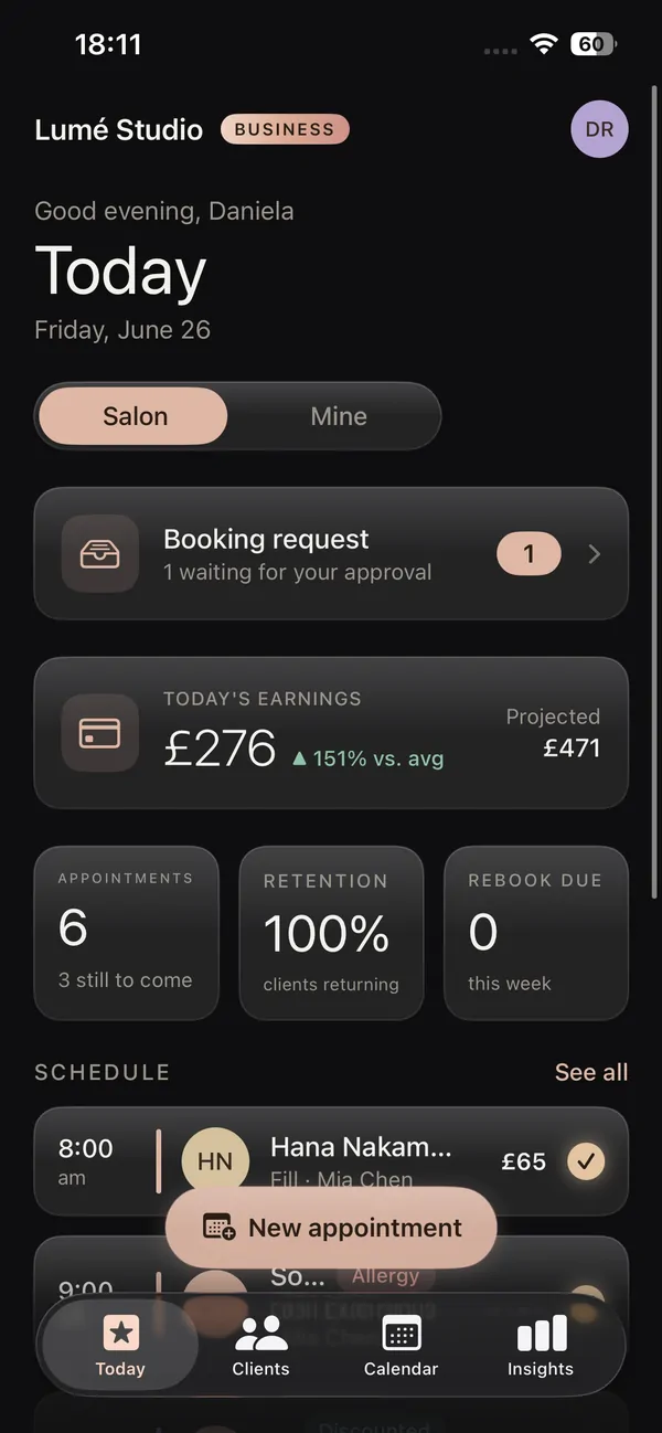 Lash salon software on iPhone showing the team's day at a glance