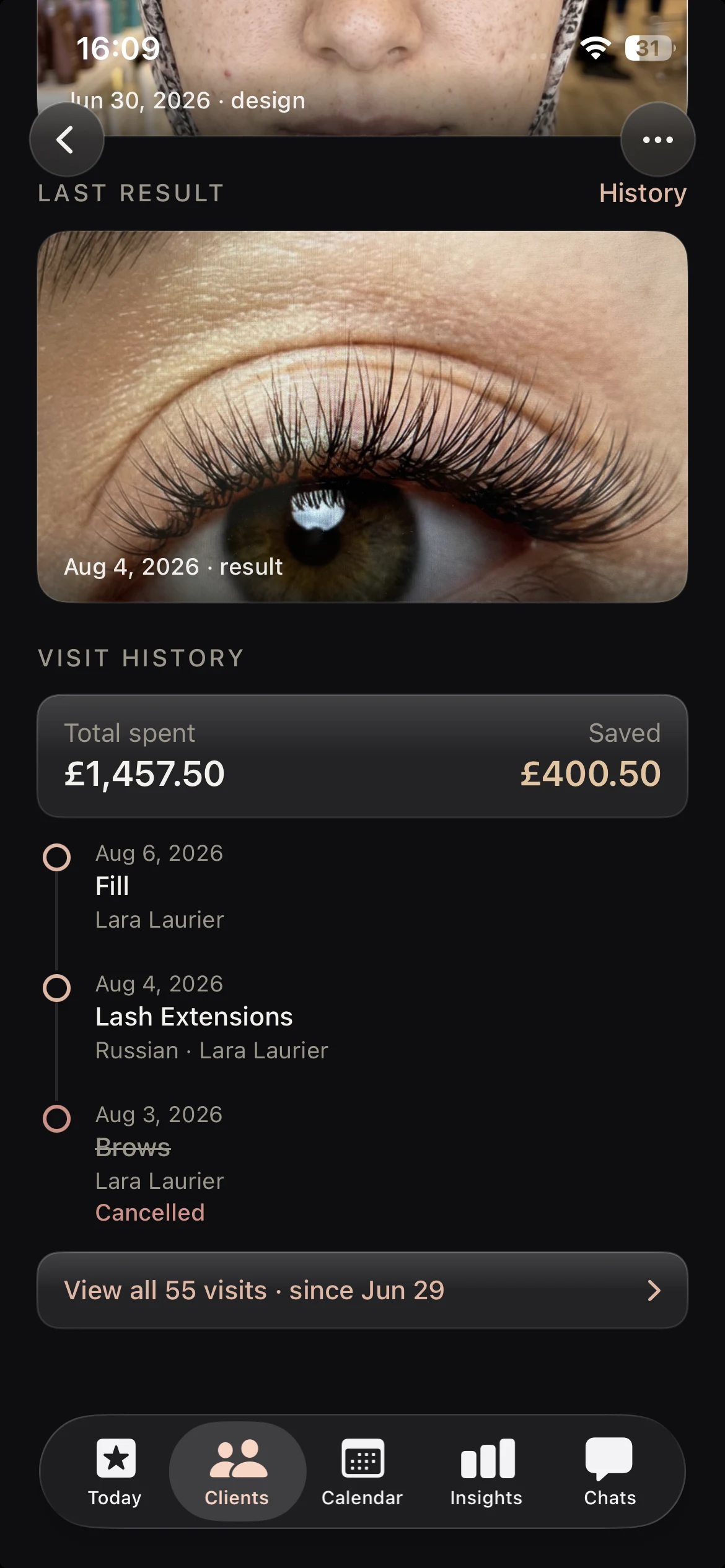 A lash client's visit history in Lash Create with total spend and every logged visit