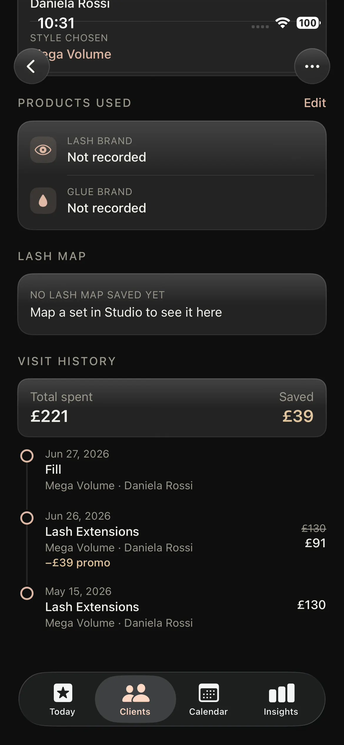 Total spend and visit count on a client record in the Lash Create CRM