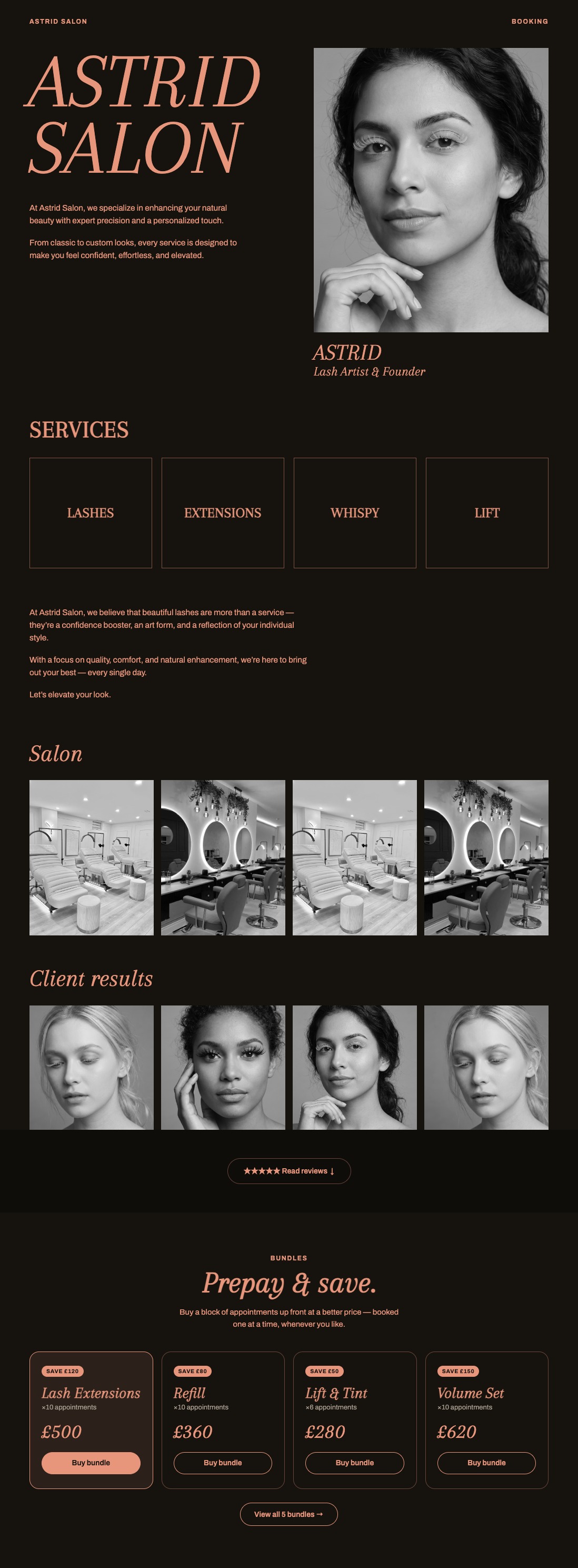 Luxury lash salon website template, dark with rose gold serif