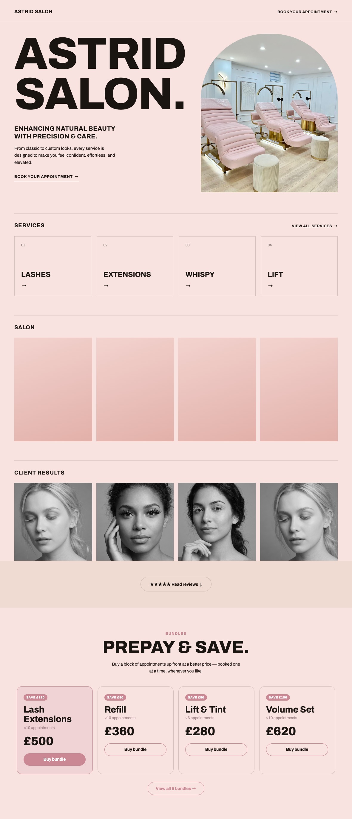 Modern blush lash salon website template, bold and clean