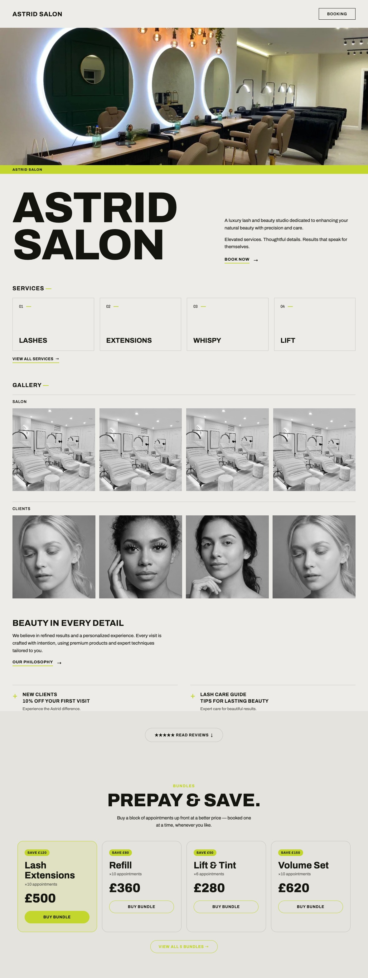 Cool fashion lash salon website template, editorial with accent colour