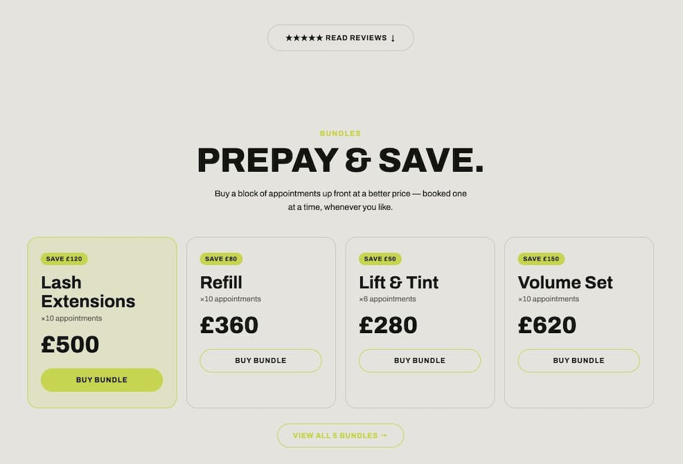 A client choosing and buying a prepaid lash bundle on the salon booking site