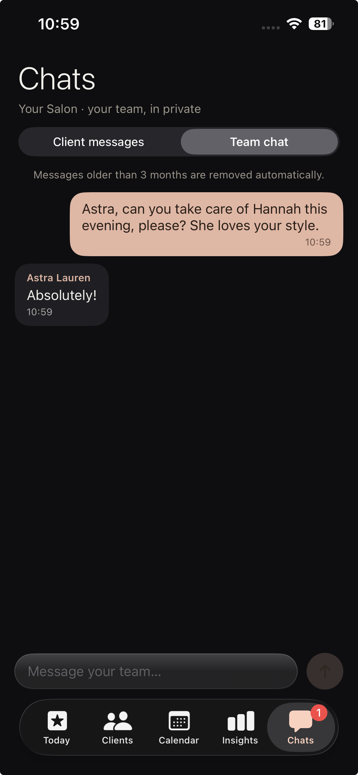 Team chat between salon staff in the Lash Create app