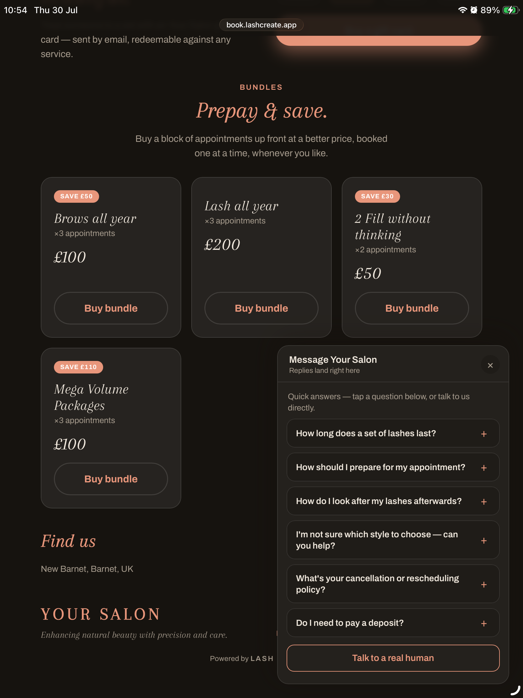 A chat widget on a lash salon booking website