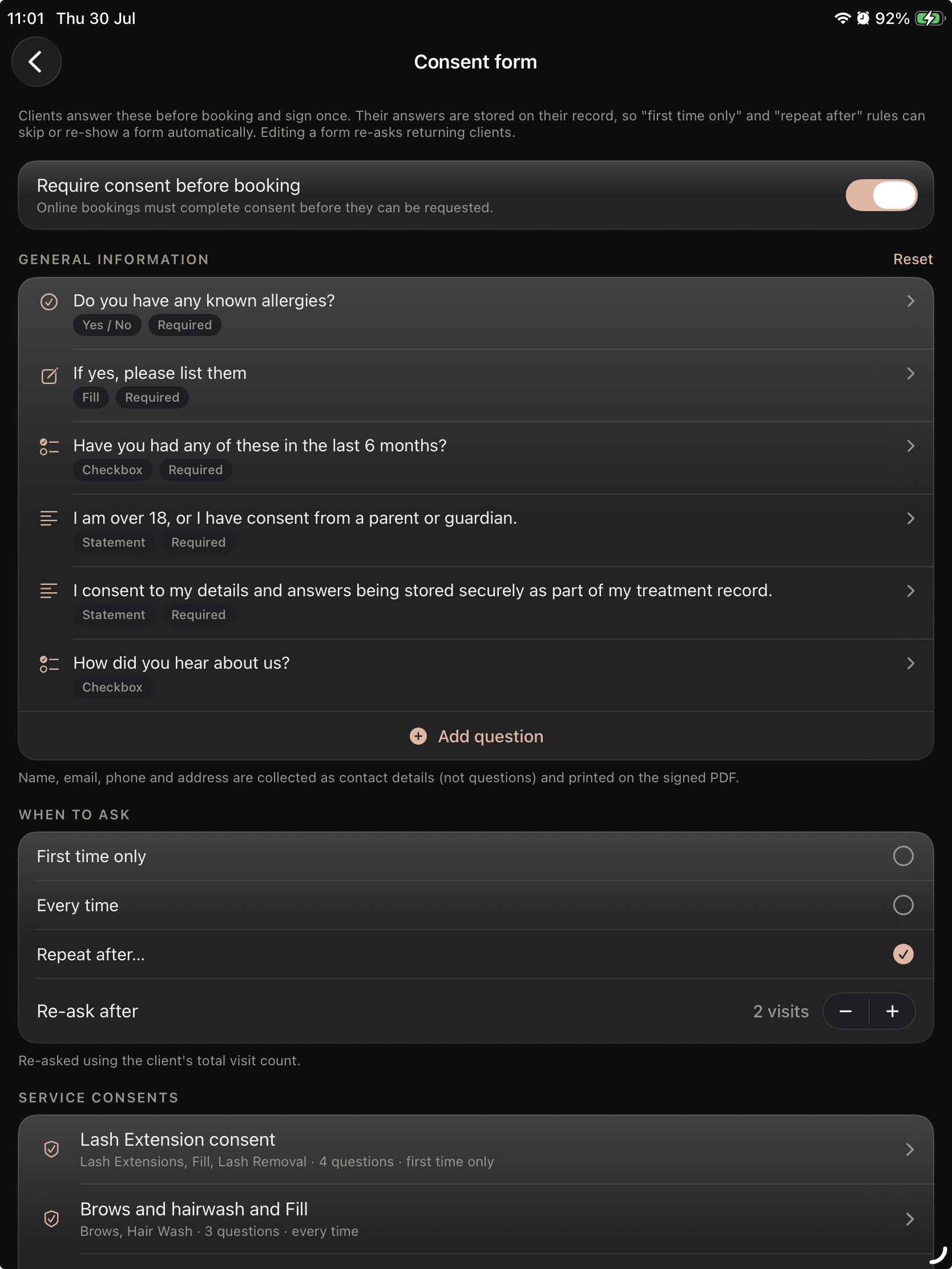 A digital lash consent form being signed on iPad in Lash Create