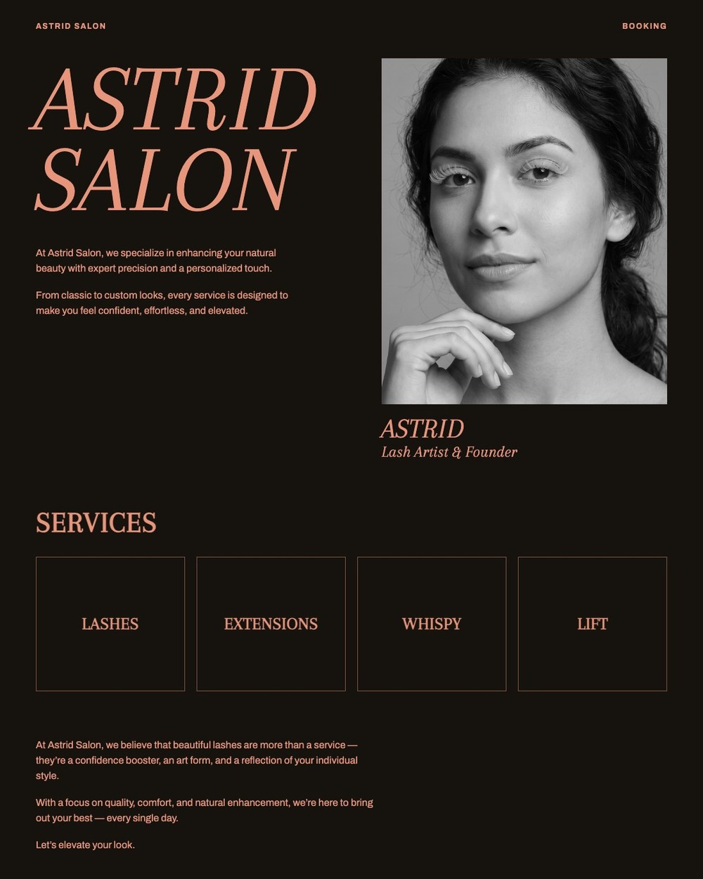 Luxury lash salon website template, dark with rose gold serif