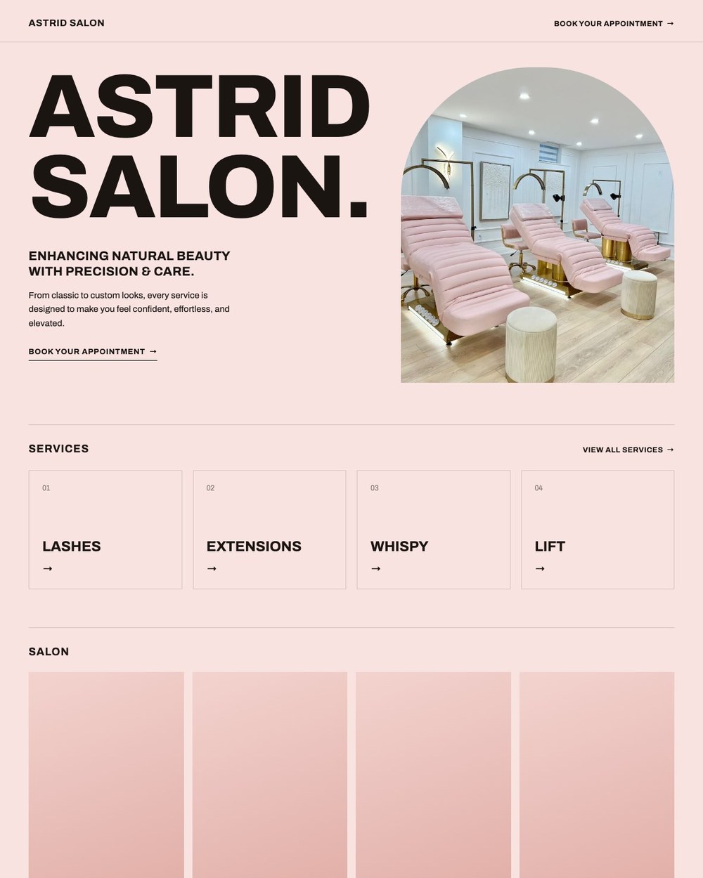 Modern blush lash salon website template, bold and clean