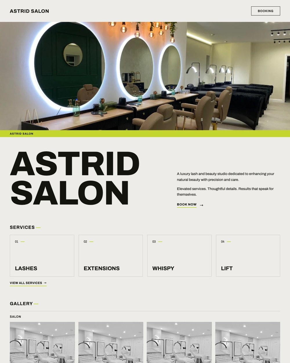 Cool fashion lash salon website template, editorial with accent colour